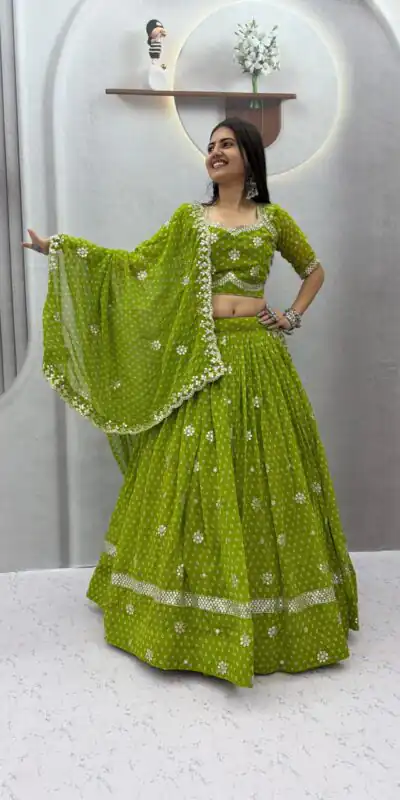 PC 602 Parrot Green Faux Georgette Lehenga Choli with Embroidery Work & Lace Work. Special Price ₹3149. Delivery 4-6 Working Days. Shop now. | Lehenga, Bollywood Lehenga, Creative Lehenga, Designer Lehenga, Embroidered Lehenga, Party Wear Lehenga