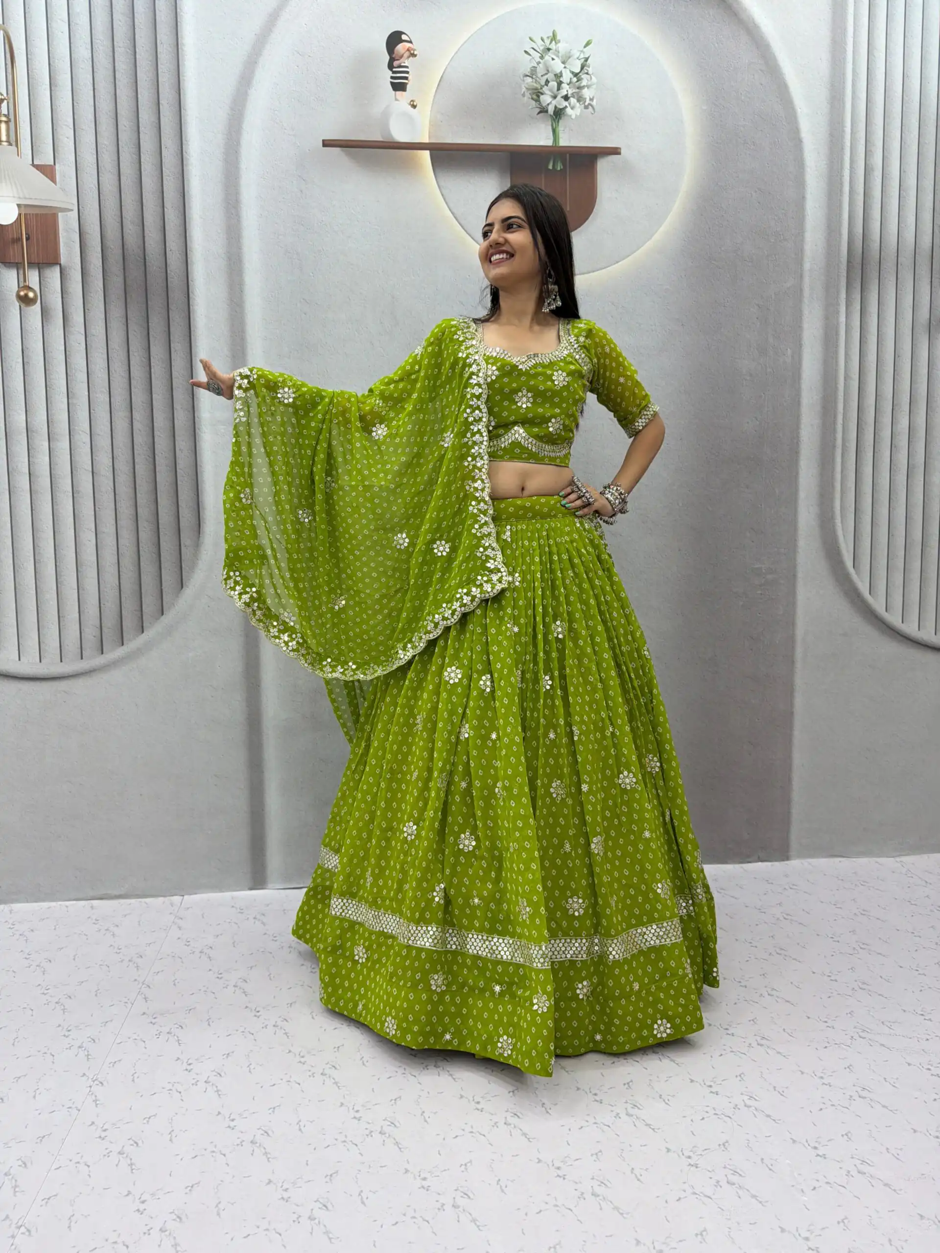 PC 602 Parrot Green Faux Georgette Lehenga Choli with Embroidery Work & Lace Work. Special Price ₹3149. Delivery 4-6 Working Days. Shop now. | Lehenga, Bollywood Lehenga, Creative Lehenga, Designer Lehenga, Embroidered Lehenga, Party Wear Lehenga
