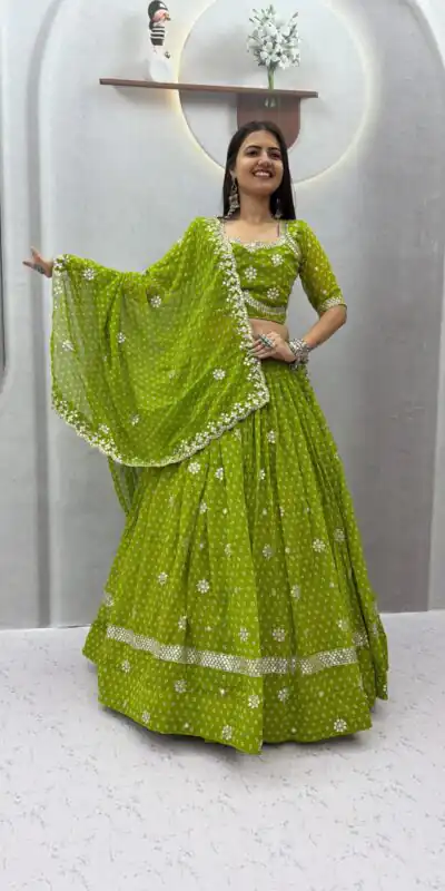 PC 602 Parrot Green Faux Georgette Lehenga Choli with Embroidery Work & Lace Work. Special Price ₹3149. Delivery 4-6 Working Days. Shop now. | Lehenga, Bollywood Lehenga, Creative Lehenga, Designer Lehenga, Embroidered Lehenga, Party Wear Lehenga