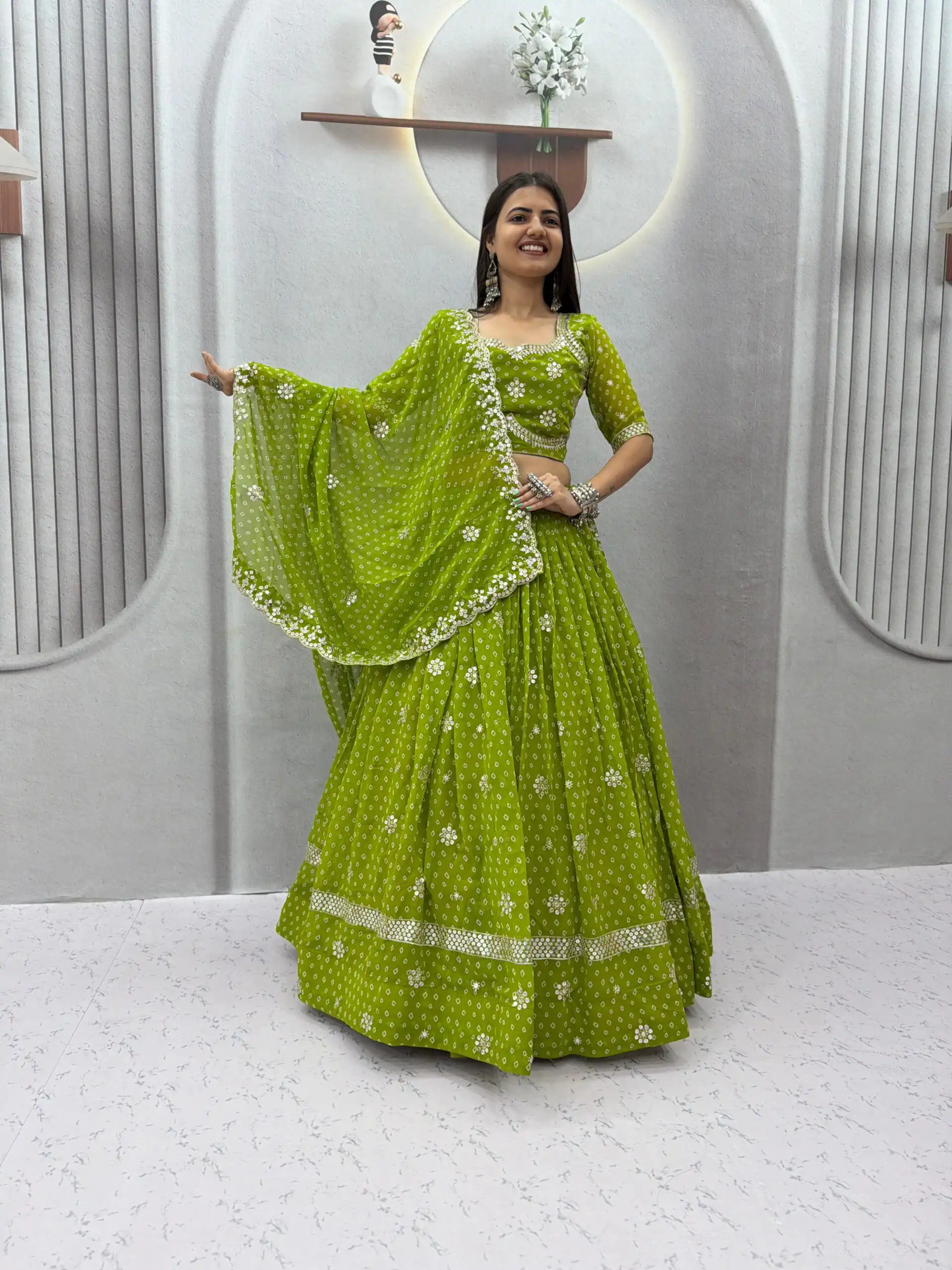 PC 602 Parrot Green Faux Georgette Lehenga Choli with Embroidery Work & Lace Work. Special Price ₹3149. Delivery 4-6 Working Days. Shop now. | Lehenga, Bollywood Lehenga, Creative Lehenga, Designer Lehenga, Embroidered Lehenga, Party Wear Lehenga