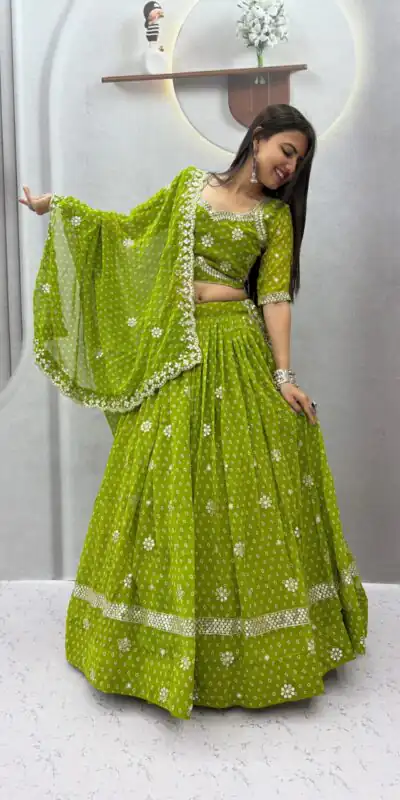 PC 602 Parrot Green Faux Georgette Lehenga Choli with Embroidery Work & Lace Work. Special Price ₹3149. Delivery 4-6 Working Days. Shop now. | Lehenga, Bollywood Lehenga, Creative Lehenga, Designer Lehenga, Embroidered Lehenga, Party Wear Lehenga