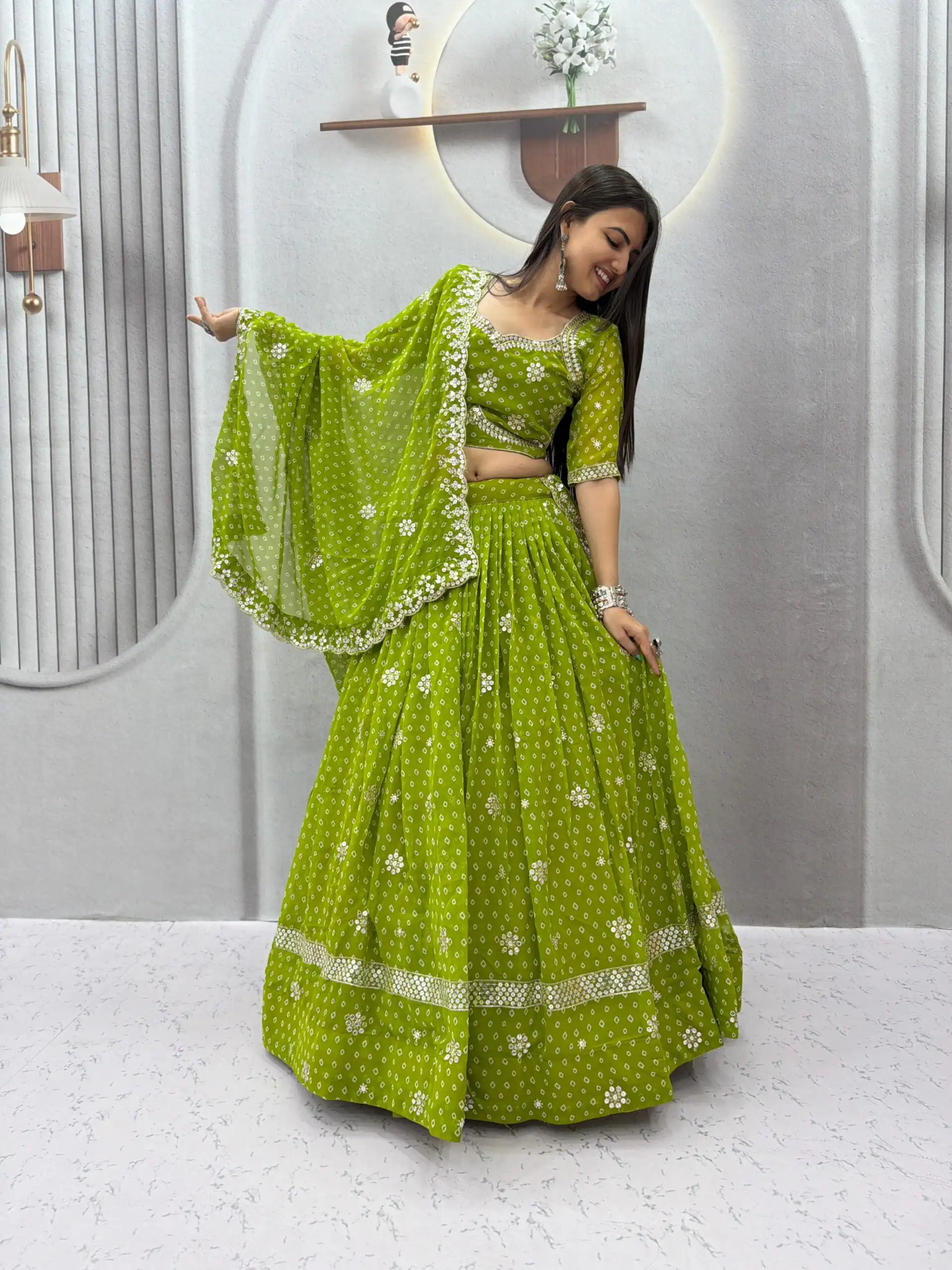 PC 602 Parrot Green Faux Georgette Lehenga Choli with Embroidery Work & Lace Work. Special Price ₹3149. Delivery 4-6 Working Days. Shop now. | Lehenga, Bollywood Lehenga, Creative Lehenga, Designer Lehenga, Embroidered Lehenga, Party Wear Lehenga