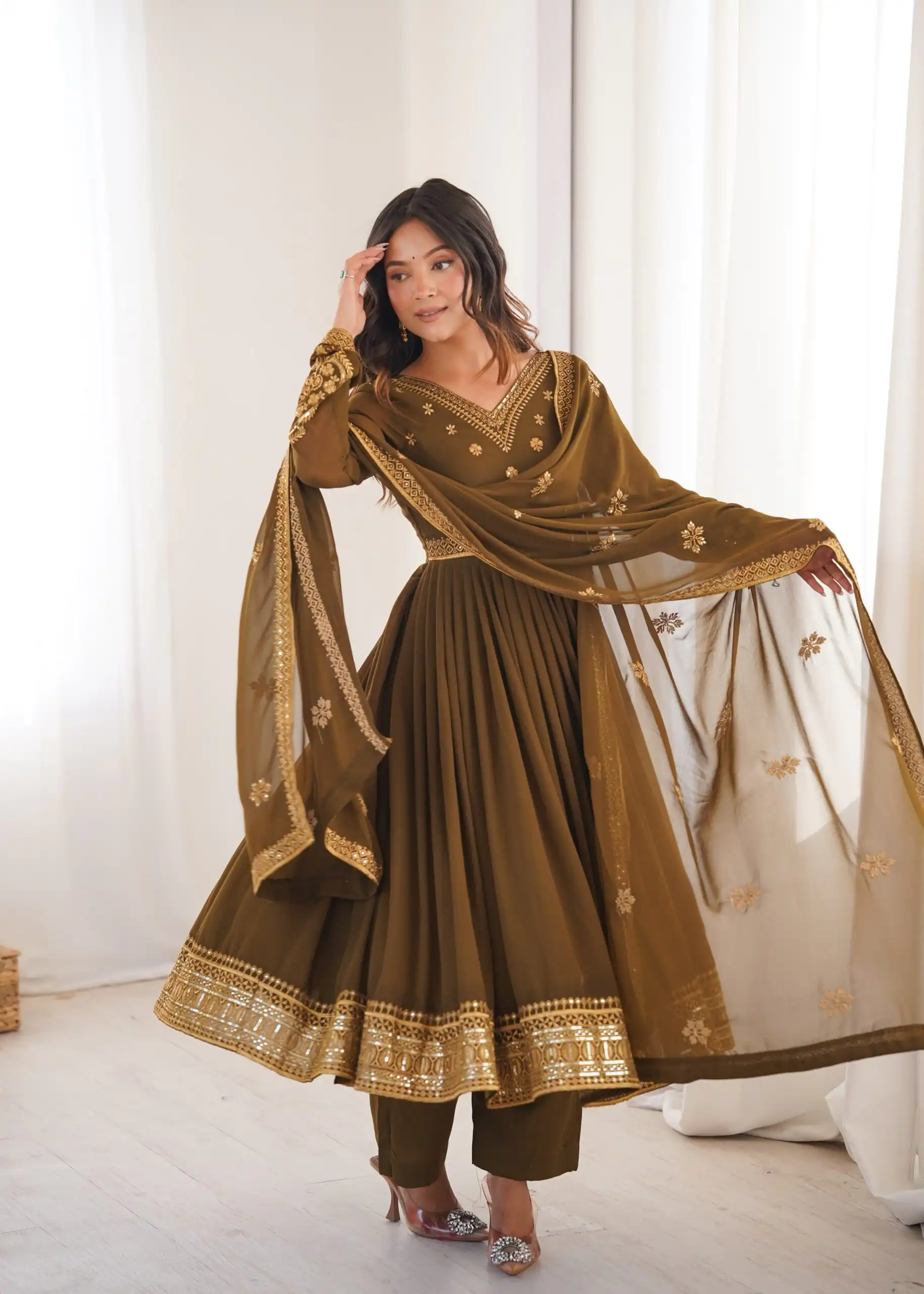 SP 104 Brown| Faux Georgette Salwar Suit with Lace Work & Digital Print. Introductory Price ₹2799. Delivery 4-6 Working Days. Shop now. | Anarkali Suits, Bollywood Anarkali, Creative-Anarkali, Designer Anarkali, Embroidered Anarkali, Party Wear Anarkali