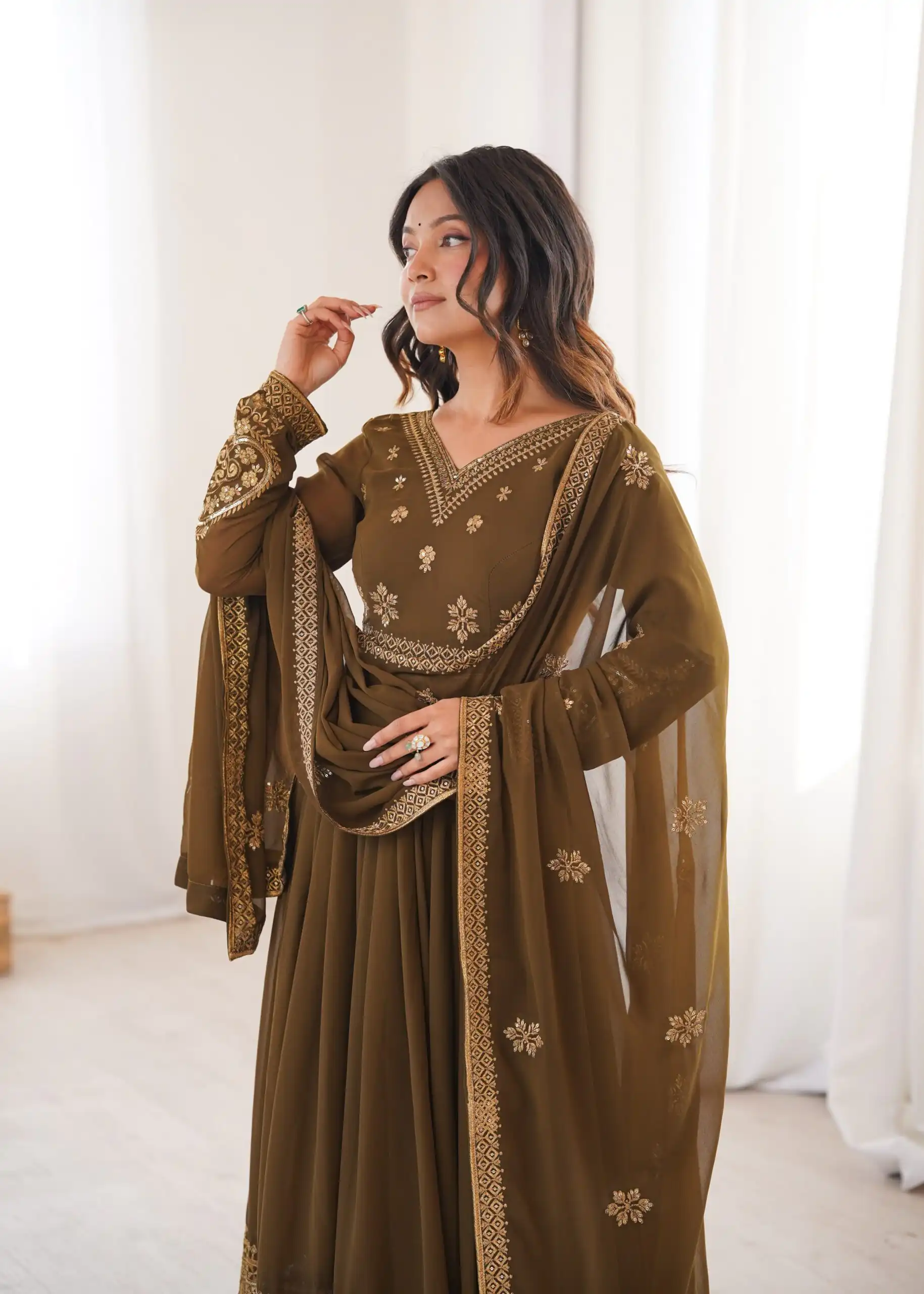 SP 104 Brown| Faux Georgette Salwar Suit with Lace Work & Digital Print. Introductory Price ₹2799. Delivery 4-6 Working Days. Shop now. | Anarkali Suits, Bollywood Anarkali, Creative-Anarkali, Designer Anarkali, Embroidered Anarkali, Party Wear Anarkali