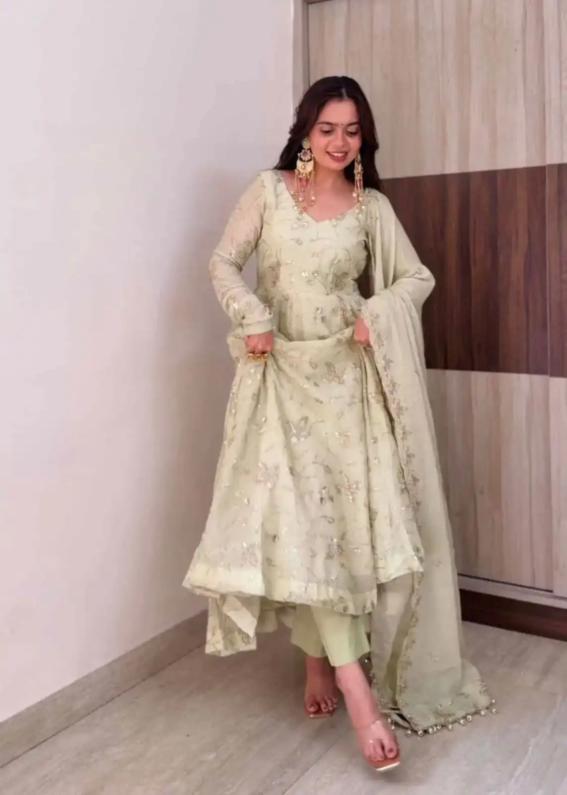 SRK 5374 Off White Fendy Silk Gown with Embroidery Work & Sequins Work. Special Price ₹2399. Delivery 4-6 Working Days. Shop now. | Gowns, Bollywood Gowns, Creative Gowns, Designer Gowns, Embroidered Gowns, Party Wear Gowns