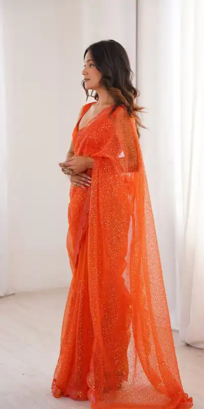 SP 90 Orange Soft Net Saree with Sequins Work & Embroidery Work. Available at ₹2299 only. Delivery 4-6 Working Days. Shop now. | Sarees, Bollywood Sarees, Creative Sarees, Designer Sarees, Embroidered Sarees, Ethnic Saree, Modern Digital sarees, Party Wear Sarees