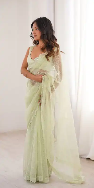 SP 90 Pista Soft Net Saree with Sequins Work & Embroidery Work. Available at ₹2299 only. Delivery 4-6 Working Days. Shop now. | Sarees, Bollywood Sarees, Creative Sarees, Designer Sarees, Embroidered Sarees, Ethnic Saree, Modern Digital sarees, Party Wear Sarees