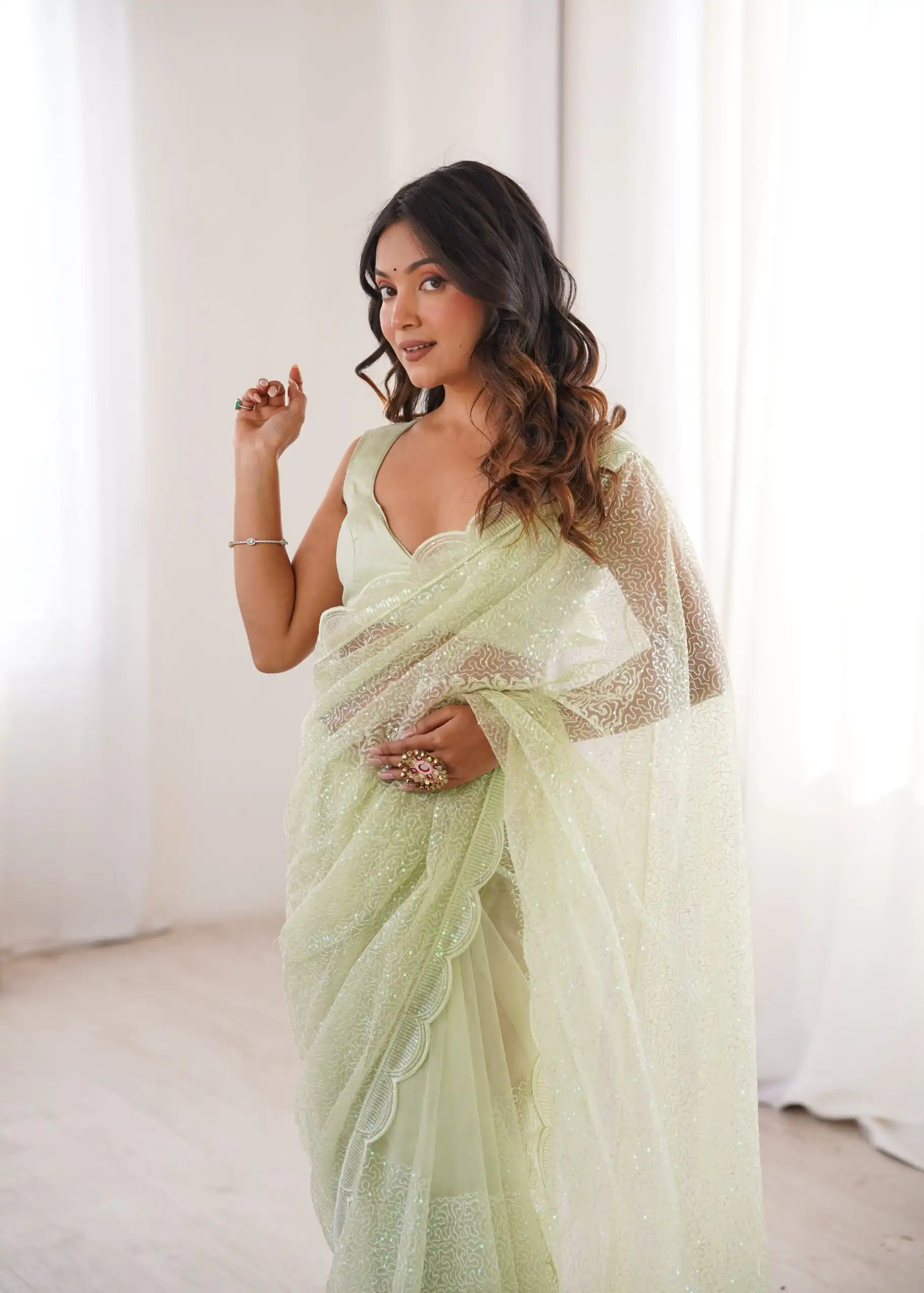 SP 90 Pista Soft Net Saree with Sequins Work & Embroidery Work. Available at ₹2299 only. Delivery 4-6 Working Days. Shop now. | Sarees, Bollywood Sarees, Creative Sarees, Designer Sarees, Embroidered Sarees, Ethnic Saree, Modern Digital sarees, Party Wear Sarees