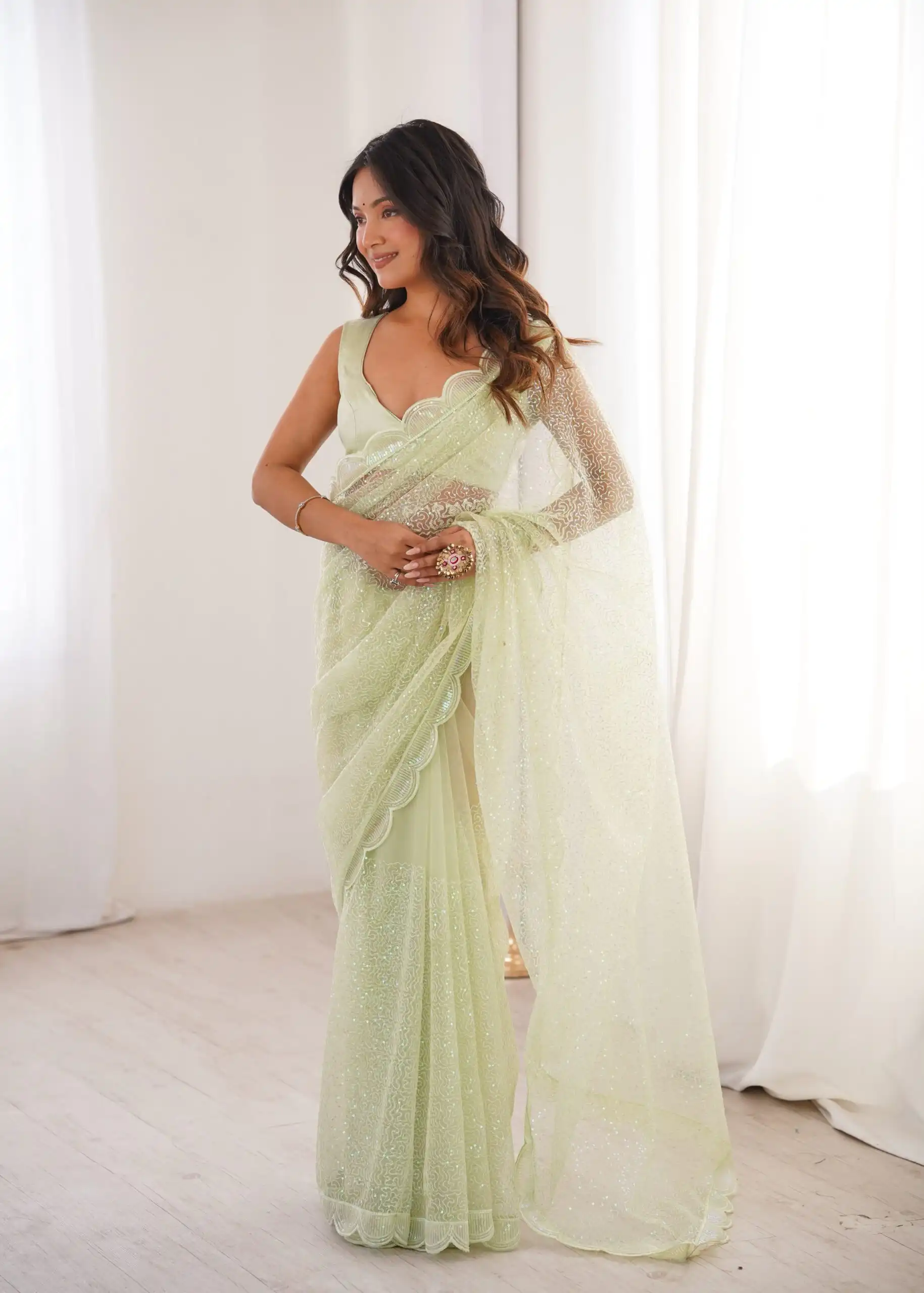 SP 90 Pista Soft Net Saree with Sequins Work & Embroidery Work. Available at ₹2299 only. Delivery 4-6 Working Days. Shop now. | Sarees, Bollywood Sarees, Creative Sarees, Designer Sarees, Embroidered Sarees, Ethnic Saree, Modern Digital sarees, Party Wear Sarees
