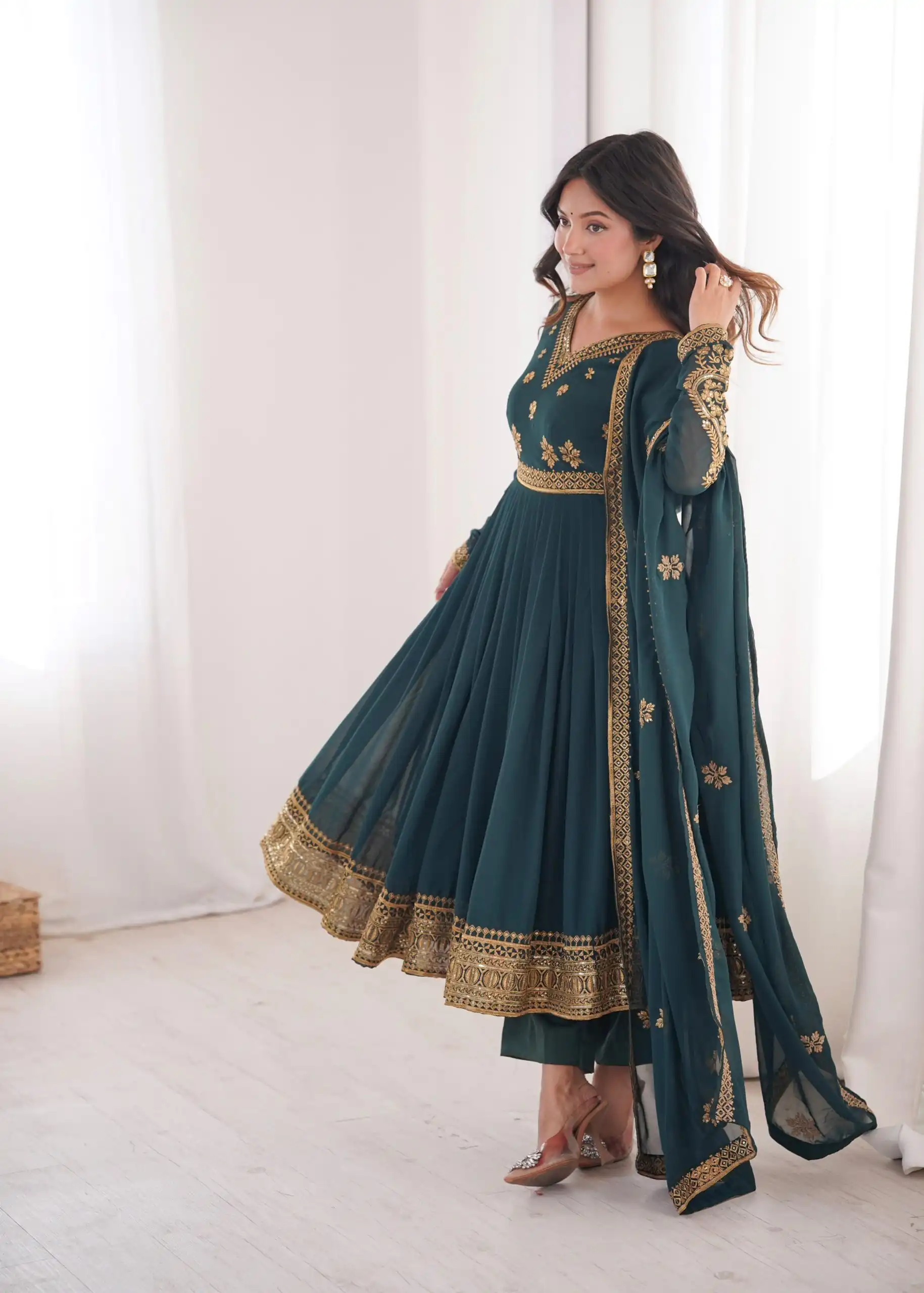 SP 104 Teal| Faux Georgette Salwar Suit with Lace Work & Digital Print. Introductory Price ₹2799. Delivery 4-6 Working Days. Shop now. | Anarkali Suits, Bollywood Anarkali, Creative-Anarkali, Designer Anarkali, Embroidered Anarkali, Party Wear Anarkali