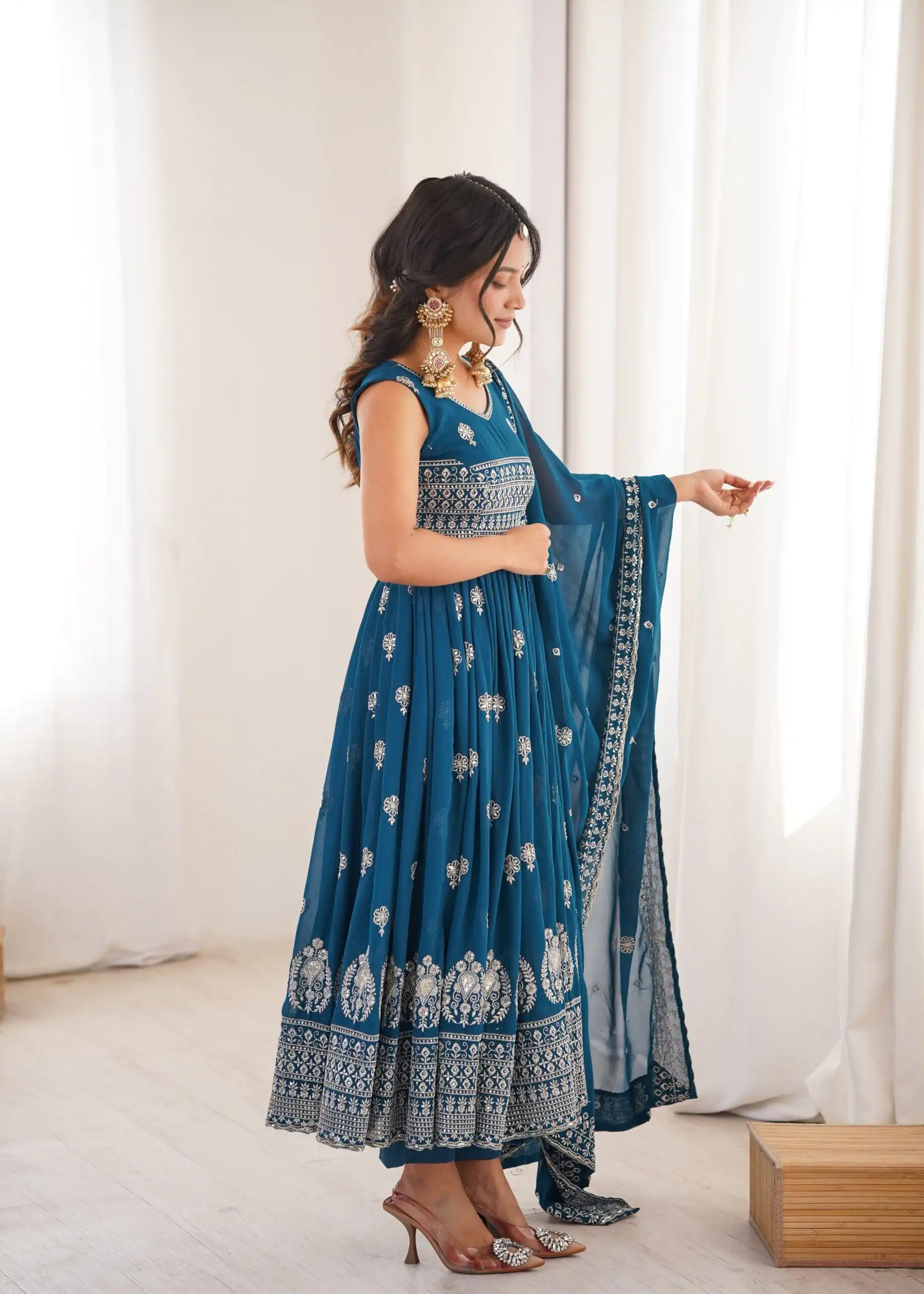 SP 91 Teal| Faux Georgette Salwar Suit with Lace Work & Digital Print. Introductory Price ₹2799. Delivery 4-6 Working Days. Shop now. | Anarkali Suits, Bollywood Anarkali, Creative-Anarkali, Designer Anarkali, Embroidered Anarkali, Party Wear Anarkali