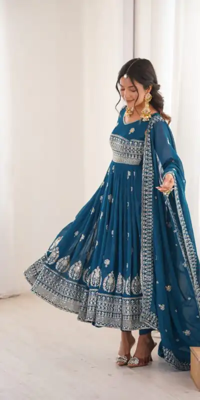 SP 91 Teal| Faux Georgette Salwar Suit with Lace Work & Digital Print. Introductory Price ₹2799. Delivery 4-6 Working Days. Shop now. | Anarkali Suits, Bollywood Anarkali, Creative-Anarkali, Designer Anarkali, Embroidered Anarkali, Party Wear Anarkali