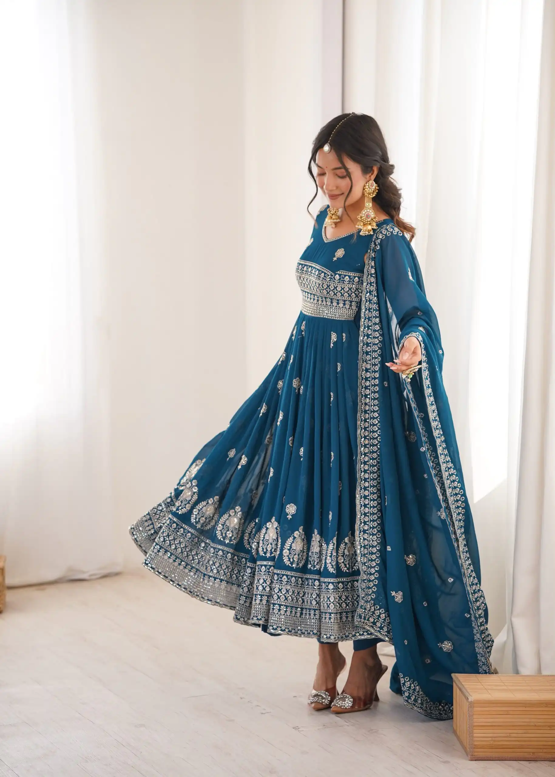 SP 91 Teal| Faux Georgette Salwar Suit with Lace Work & Digital Print. Introductory Price ₹2799. Delivery 4-6 Working Days. Shop now. | Anarkali Suits, Bollywood Anarkali, Creative-Anarkali, Designer Anarkali, Embroidered Anarkali, Party Wear Anarkali
