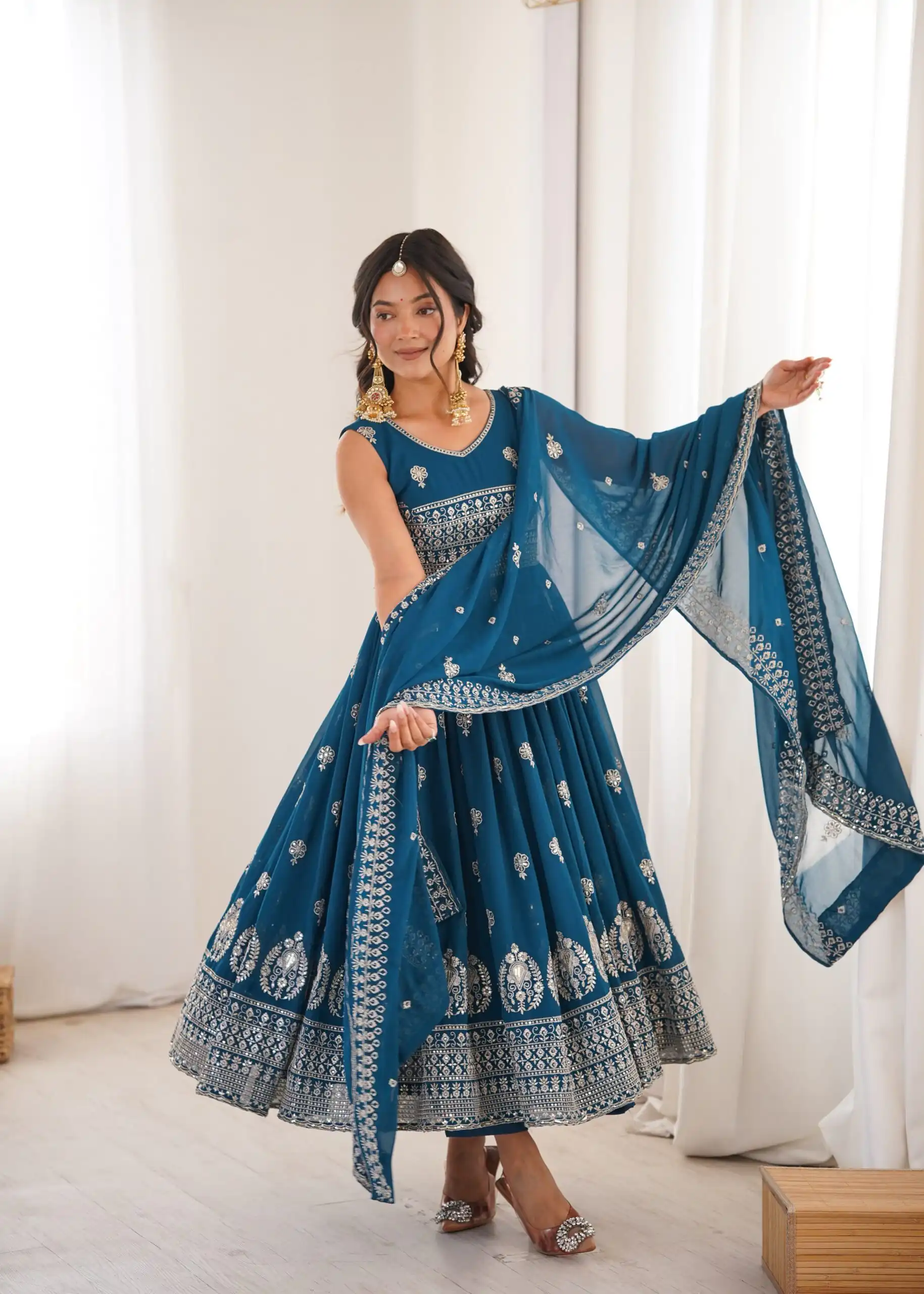 SP 91 Teal| Faux Georgette Salwar Suit with Lace Work & Digital Print. Introductory Price ₹2799. Delivery 4-6 Working Days. Shop now. | Anarkali Suits, Bollywood Anarkali, Creative-Anarkali, Designer Anarkali, Embroidered Anarkali, Party Wear Anarkali