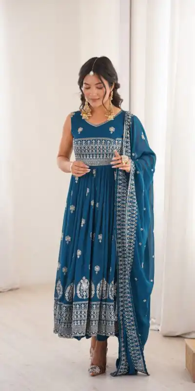SP 91 Teal| Faux Georgette Salwar Suit with Lace Work & Digital Print. Introductory Price ₹2799. Delivery 4-6 Working Days. Shop now. | Anarkali Suits, Bollywood Anarkali, Creative-Anarkali, Designer Anarkali, Embroidered Anarkali, Party Wear Anarkali