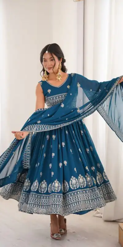 SP 91 Teal| Faux Georgette Salwar Suit with Lace Work & Digital Print. Introductory Price ₹2799. Delivery 4-6 Working Days. Shop now. | Anarkali Suits, Bollywood Anarkali, Creative-Anarkali, Designer Anarkali, Embroidered Anarkali, Party Wear Anarkali