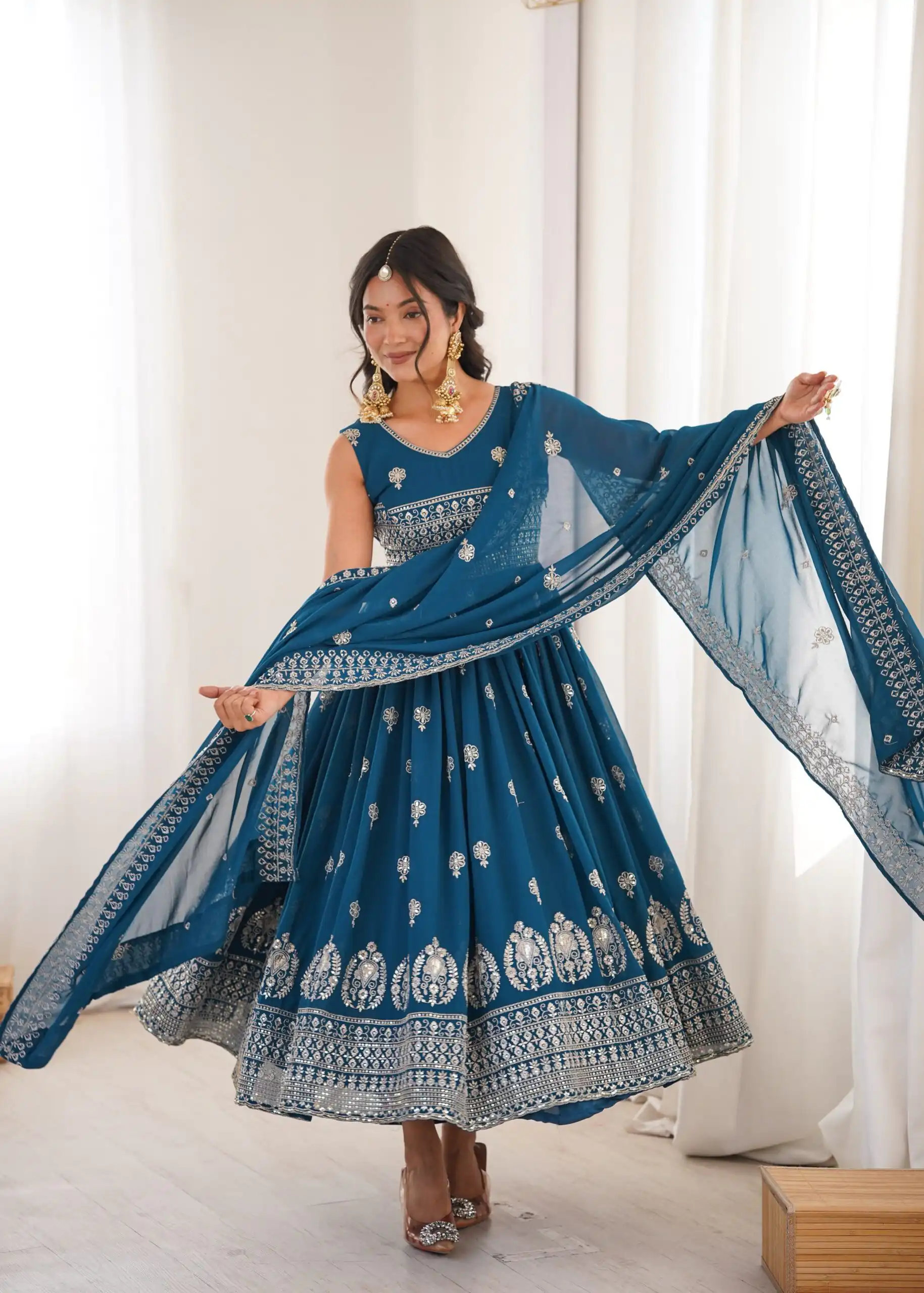 SP 91 Teal| Faux Georgette Salwar Suit with Lace Work & Digital Print. Introductory Price ₹2799. Delivery 4-6 Working Days. Shop now. | Anarkali Suits, Bollywood Anarkali, Creative-Anarkali, Designer Anarkali, Embroidered Anarkali, Party Wear Anarkali