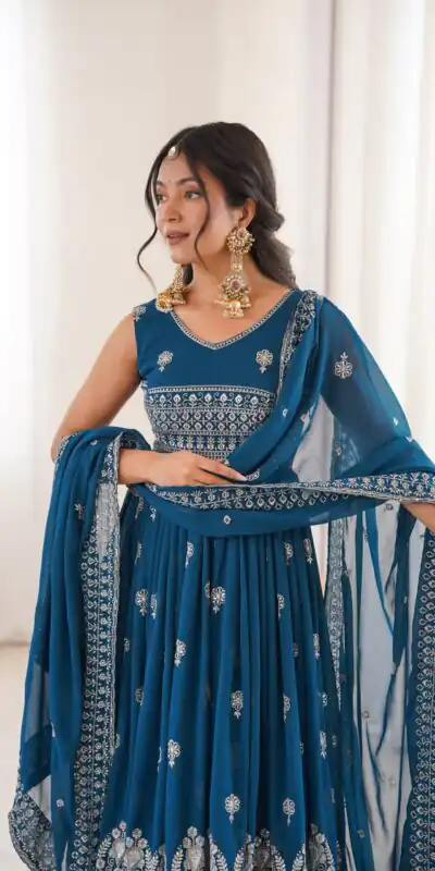 SP 91 Teal| Faux Georgette Salwar Suit with Lace Work & Digital Print. Introductory Price ₹2799. Delivery 4-6 Working Days. Shop now. | Anarkali Suits, Bollywood Anarkali, Creative-Anarkali, Designer Anarkali, Embroidered Anarkali, Party Wear Anarkali