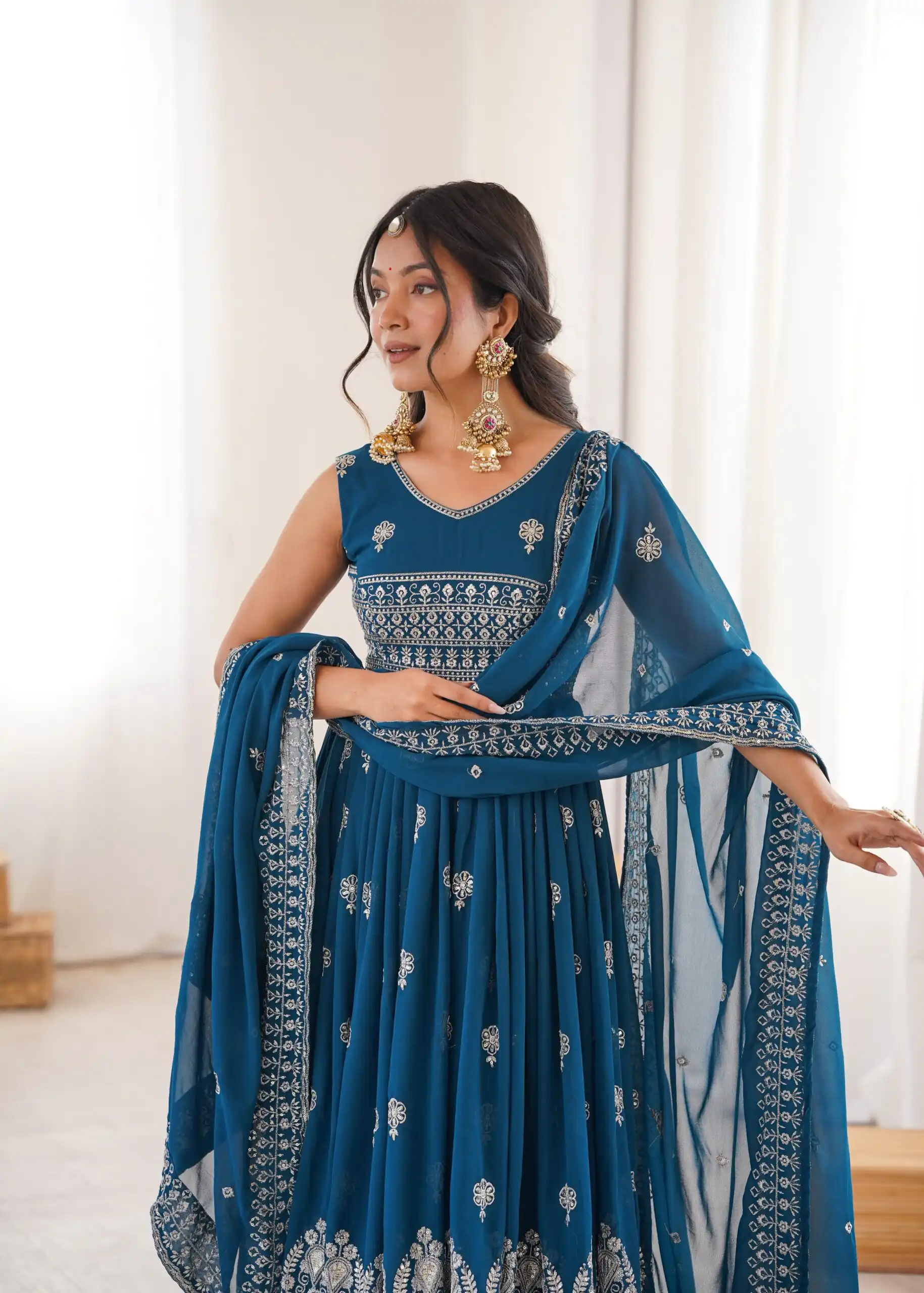 SP 91 Teal| Faux Georgette Salwar Suit with Lace Work & Digital Print. Introductory Price ₹2799. Delivery 4-6 Working Days. Shop now. | Anarkali Suits, Bollywood Anarkali, Creative-Anarkali, Designer Anarkali, Embroidered Anarkali, Party Wear Anarkali
