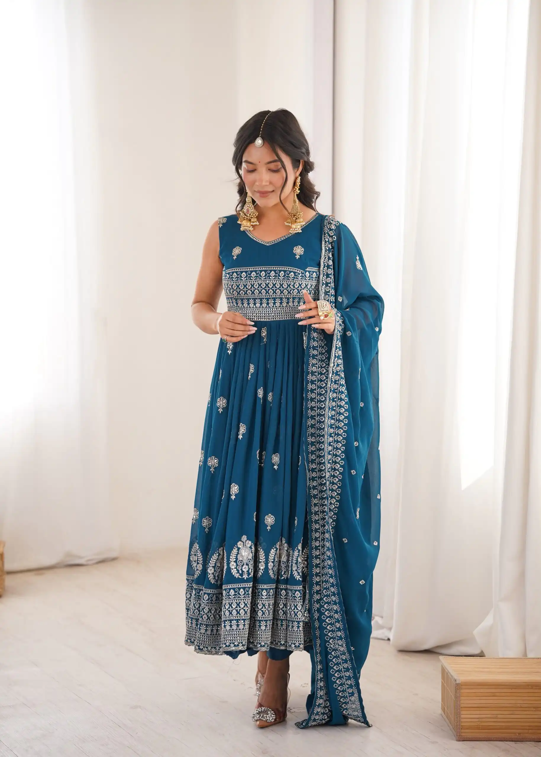 SP 91 Teal| Faux Georgette Salwar Suit with Lace Work & Digital Print. Introductory Price ₹2799. Delivery 4-6 Working Days. Shop now. | Anarkali Suits, Bollywood Anarkali, Creative-Anarkali, Designer Anarkali, Embroidered Anarkali, Party Wear Anarkali