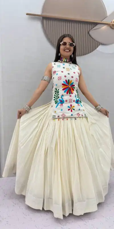 PC 594 White Khadi Cotton Lehenga Choli with Bandhej Print & Mirror Work. Festive Deal ₹2799. Delivery 4-6 Working Days. Shop now. | Lehenga, Bollywood Lehenga, Creative Lehenga, Designer Lehenga, Embroidered Lehenga, Party Wear Lehenga