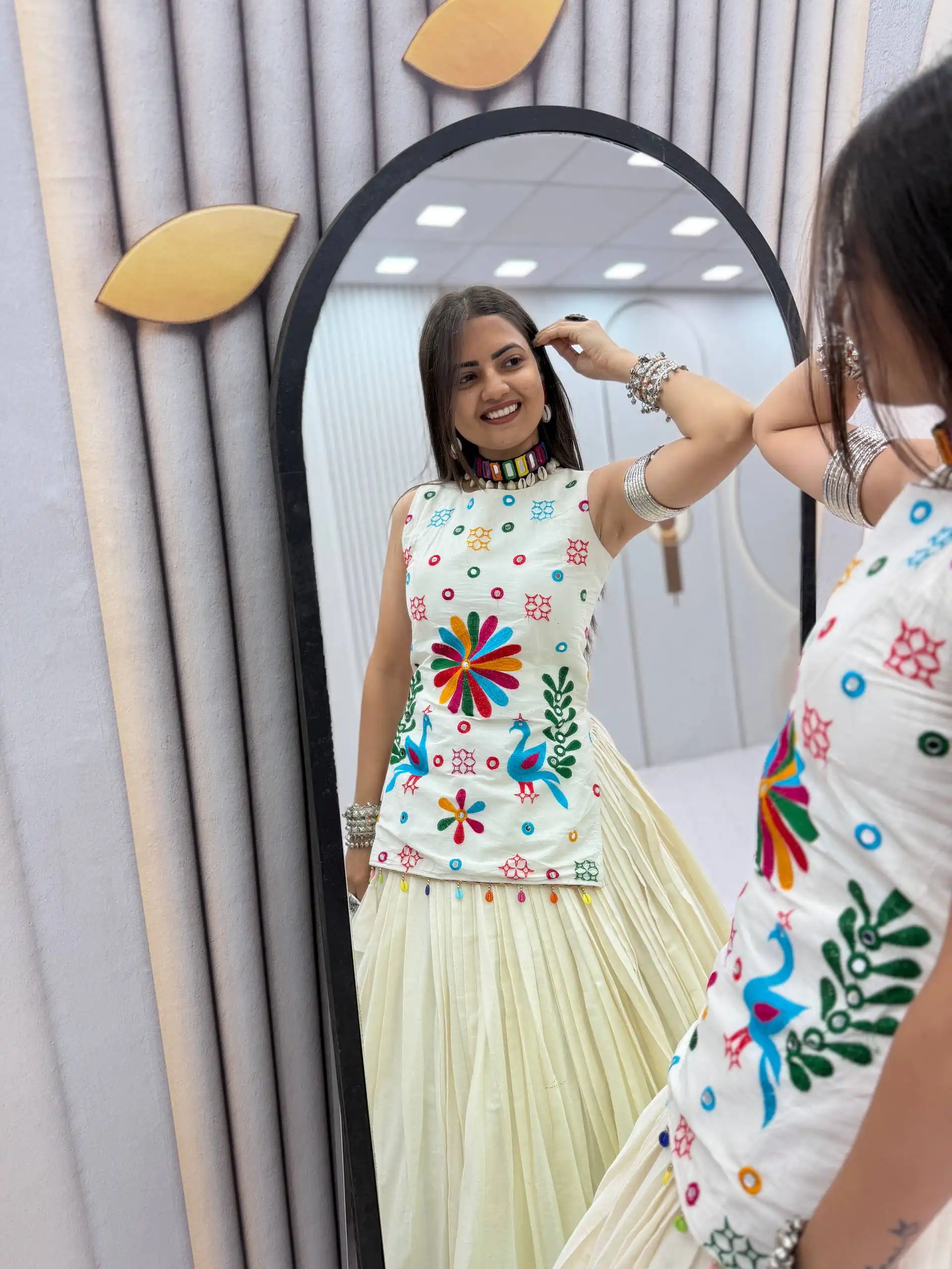 PC 594 White Khadi Cotton Lehenga Choli with Bandhej Print & Mirror Work. Festive Deal ₹2799. Delivery 4-6 Working Days. Shop now. | Lehenga, Bollywood Lehenga, Creative Lehenga, Designer Lehenga, Embroidered Lehenga, Party Wear Lehenga