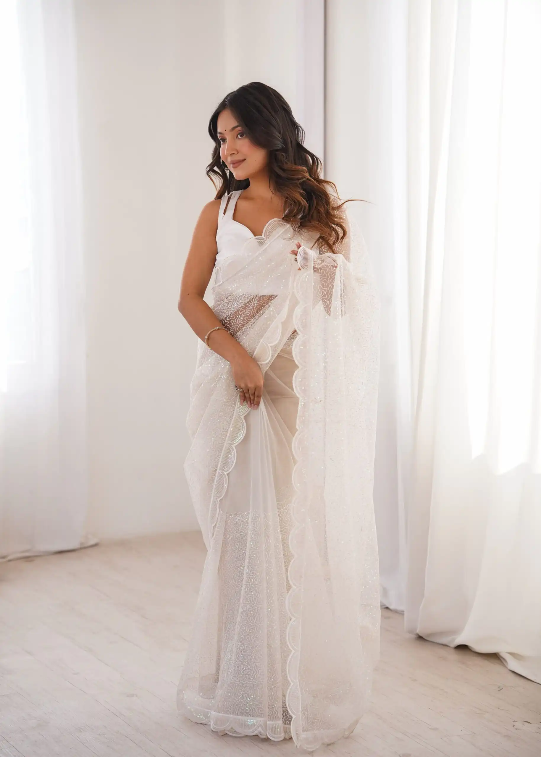 SP 90 White Soft Net Saree with Sequins Work & Embroidery Work. Available at ₹2299 only. Delivery 4-6 Working Days. Shop now. | Sarees, Bollywood Sarees, Creative Sarees, Designer Sarees, Embroidered Sarees, Ethnic Saree, Modern Digital sarees, Party Wear Sarees