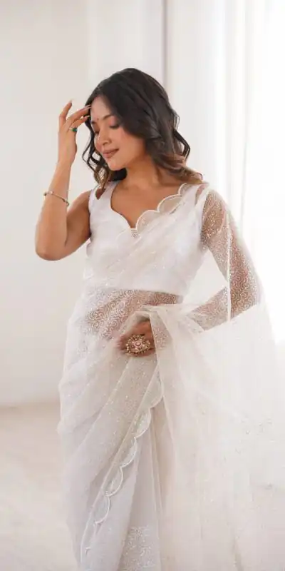 SP 90 White Soft Net Saree with Sequins Work & Embroidery Work. Available at ₹2299 only. Delivery 4-6 Working Days. Shop now. | Sarees, Bollywood Sarees, Creative Sarees, Designer Sarees, Embroidered Sarees, Ethnic Saree, Modern Digital sarees, Party Wear Sarees