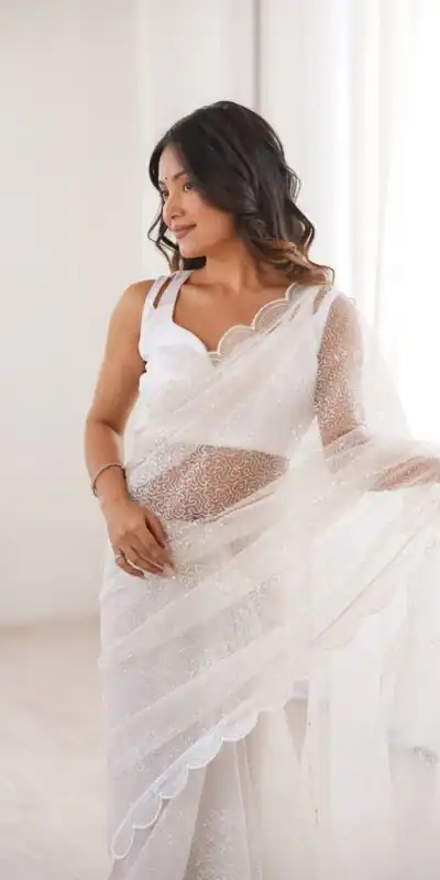 SP 90 White Soft Net Saree with Sequins Work & Embroidery Work. Available at ₹2299 only. Delivery 4-6 Working Days. Shop now. | Sarees, Bollywood Sarees, Creative Sarees, Designer Sarees, Embroidered Sarees, Ethnic Saree, Modern Digital sarees, Party Wear Sarees