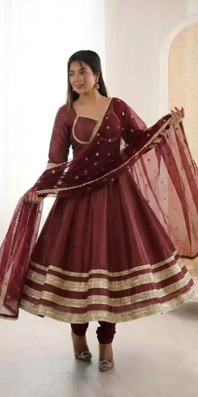 ZF 5017 Maroon Color Cosmos Gold Gown with Embroidery Work & Lace Work. Get it for ₹2099. Delivery 4-6 Working Days. Shop now. | Gowns, Bollywood Gowns, Creative Gowns, Designer Gowns, Embroidered Gowns, Party Wear Gowns