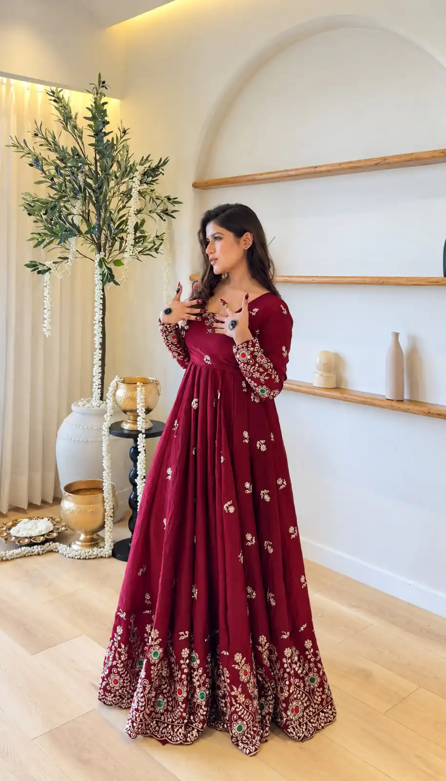 ZSR 3192 Maroon Doremon Crush Gown with Lace Work & Mirror Work. Exclusive Offer ₹2799. Delivery 4-6 Working Days. Shop now. | Gowns, Bollywood Gowns, Creative Gowns, Designer Gowns, Embroidered Gowns, Party Wear Gowns
