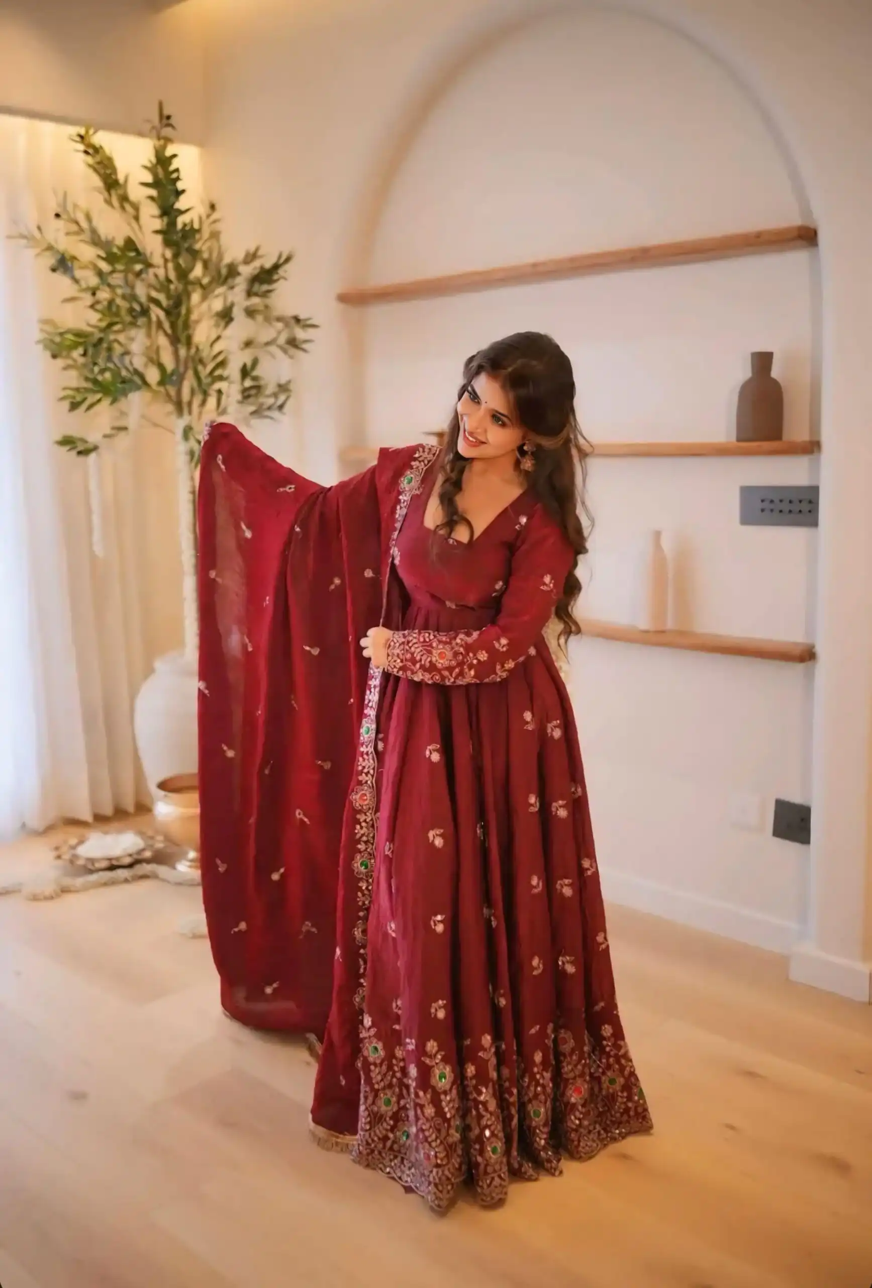 ZSR 3192 Maroon Doremon Crush Gown with Lace Work & Mirror Work. Exclusive Offer ₹2799. Delivery 4-6 Working Days. Shop now. | Gowns, Bollywood Gowns, Creative Gowns, Designer Gowns, Embroidered Gowns, Party Wear Gowns