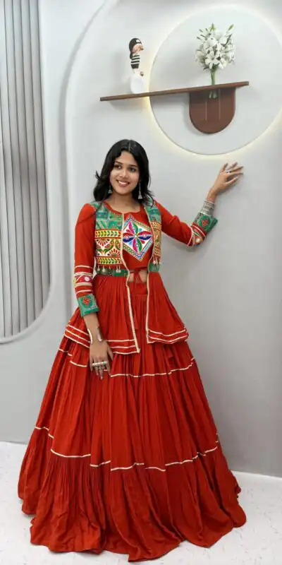 Ram 120 Orange in Pure Cotton Mirror Work & Gamthi Work Lehenga Choli . Exclusive Offer ₹3049. Delivery 4-6 Working Days. Shop now. | Lehenga, Bollywood Lehenga, Creative Lehenga, Designer Lehenga, Embroidered Lehenga, Party Wear Lehenga