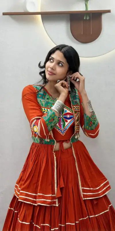 Ram 120 Orange in Pure Cotton Mirror Work & Gamthi Work Lehenga Choli . Exclusive Offer ₹3049. Delivery 4-6 Working Days. Shop now. | Lehenga, Bollywood Lehenga, Creative Lehenga, Designer Lehenga, Embroidered Lehenga, Party Wear Lehenga