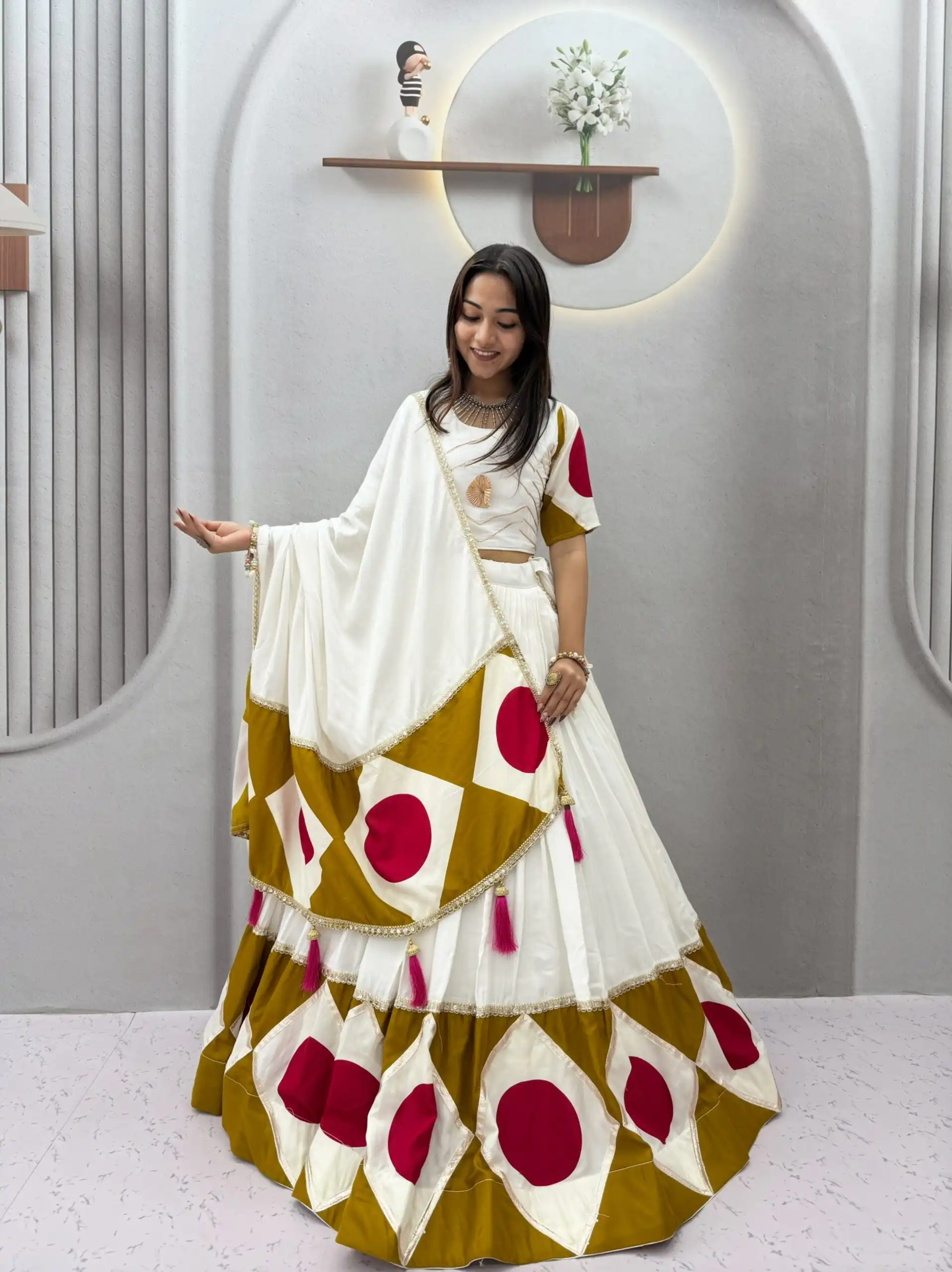 Ram 194 White in Pure Cotton Mirror Work & Gamthi Work Lehenga Choli . Exclusive Offer ₹3149. Delivery 4-6 Working Days. Shop now. | Lehenga, Bollywood Lehenga, Creative Lehenga, Designer Lehenga, Embroidered Lehenga, Party Wear Lehenga