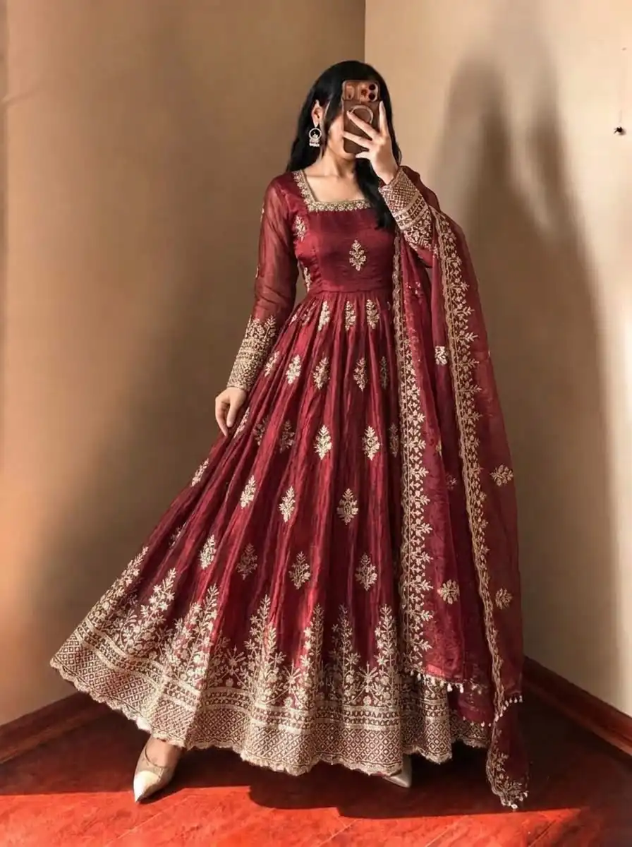 NSR 918 Maroon Fendy Silk Gown with Embroidery Work & Sequins Work. Special Price ₹2399. Delivery 4-6 Working Days. Shop now. | Gowns, Bollywood Gowns, Creative Gowns, Designer Gowns, Embroidered Gowns, Party Wear Gowns