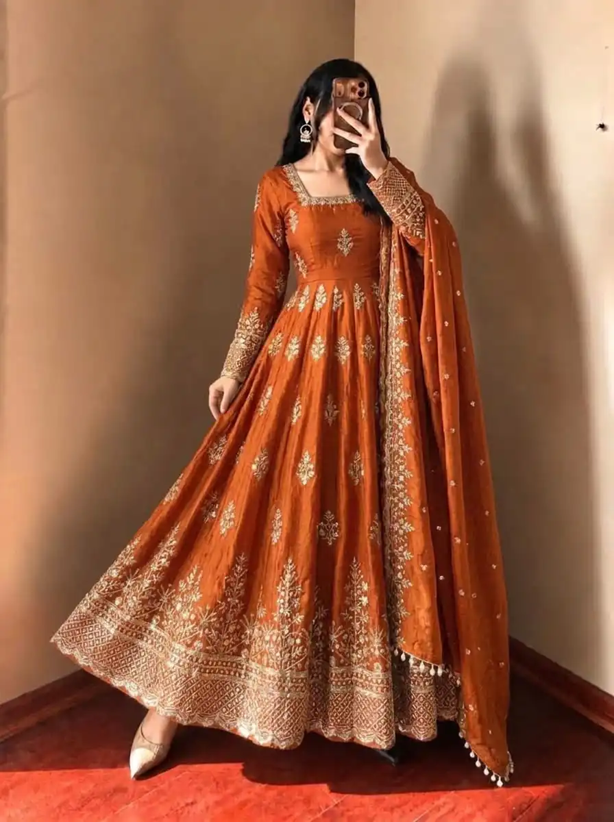 NSR 918 Orange Fendy Silk Gown with Embroidery Work & Sequins Work. Special Price ₹2399. Delivery 4-6 Working Days. Shop now. | Gowns, Bollywood Gowns, Creative Gowns, Designer Gowns, Embroidered Gowns, Party Wear Gowns