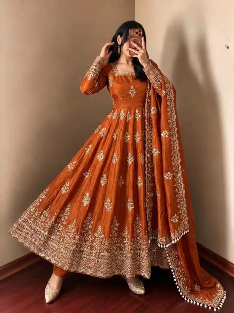NSR 918 Orange Fendy Silk Gown with Embroidery Work & Sequins Work. Special Price ₹2399. Delivery 4-6 Working Days. Shop now. | Gowns, Bollywood Gowns, Creative Gowns, Designer Gowns, Embroidered Gowns, Party Wear Gowns