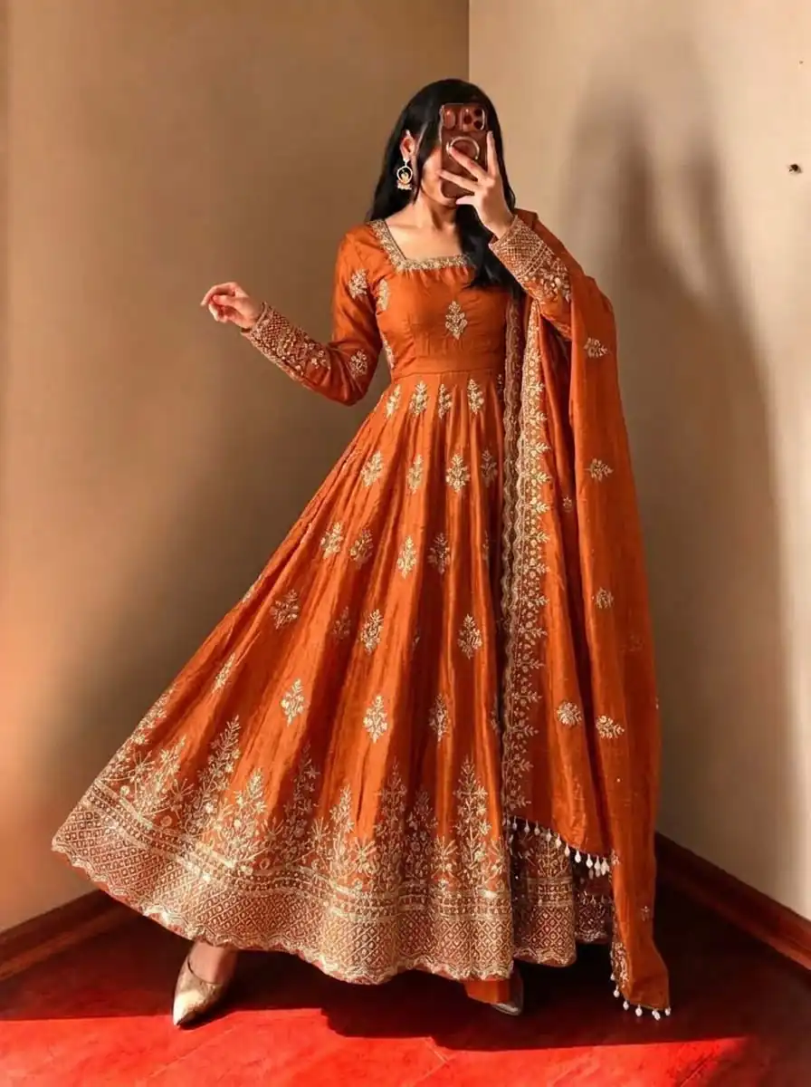 NSR 918 Orange Fendy Silk Gown with Embroidery Work & Sequins Work. Special Price ₹2399. Delivery 4-6 Working Days. Shop now. | Gowns, Bollywood Gowns, Creative Gowns, Designer Gowns, Embroidered Gowns, Party Wear Gowns