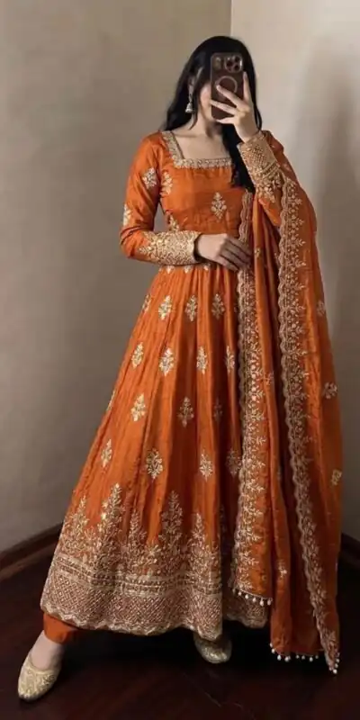 NSR 918 Orange Fendy Silk Gown with Embroidery Work & Sequins Work. Special Price ₹2399. Delivery 4-6 Working Days. Shop now. | Gowns, Bollywood Gowns, Creative Gowns, Designer Gowns, Embroidered Gowns, Party Wear Gowns