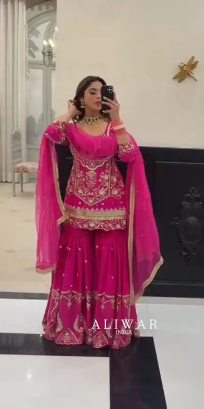 KF 1736 Pink Faux Georgette Salwar Suit with Mirror Work & Embroidery Work. Get it for ₹2449. Delivery 4-6 Working Days. Shop now. | Jump Suits, Salwar suit, Casual Suits, Creative suits, Designer Suits, Palazzo Suits, Party Wear Suits, Patiala Suits, Straight Suits