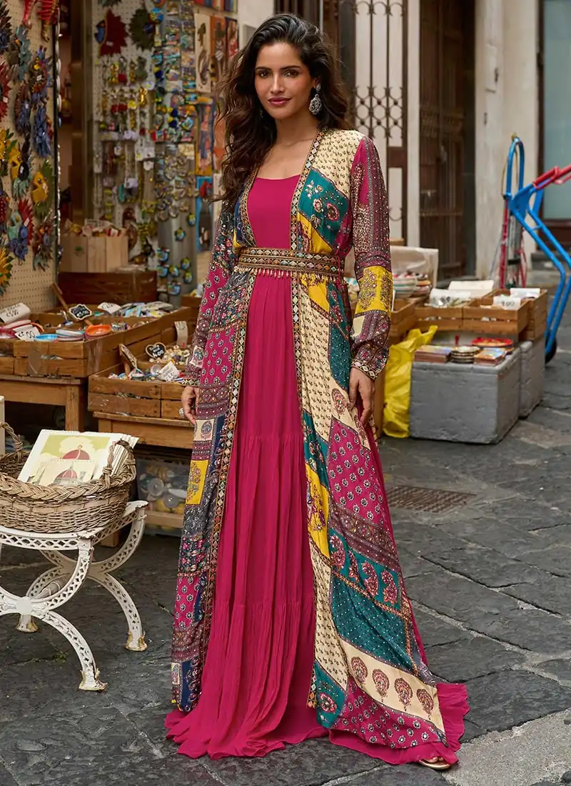 FC 20034 Pink Crepe Silk Shrug Suit Perfect for Wedding, Party, Festival Celebrations, Holi, Pooja – . Introductory Price ₹3049. Delivery 4-6 Working | Jump Suits, Salwar suit, Casual Suits, Creative suits, Designer Suits, Palazzo Suits, Party Wear Suits, Patiala Suits, Straight Suits
