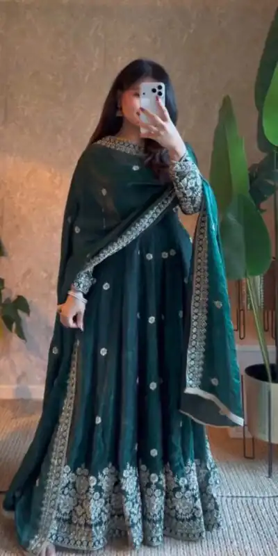 ZB 5080 Teal Fendy Silk Gown with Embroidery Work & Sequins Work. Special Price ₹2399. Delivery 4-6 Working Days. Shop now. | Gowns, Bollywood Gowns, Creative Gowns, Designer Gowns, Embroidered Gowns, Party Wear Gowns